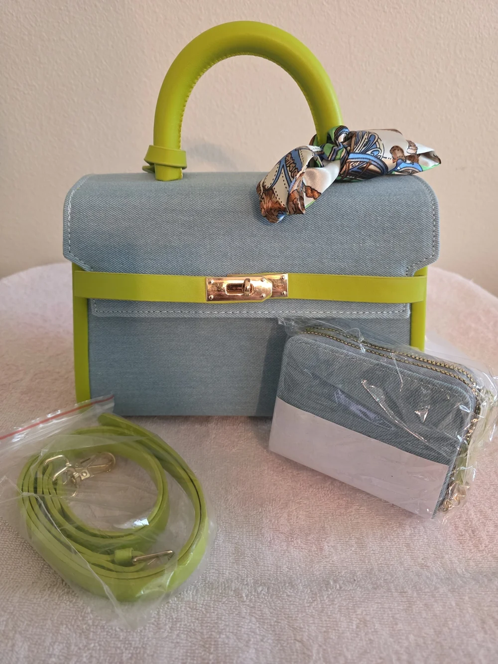 Denim and Lime Green Top-Handle Satchel